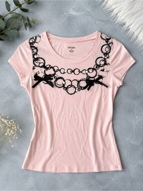 Madison Pink Embellished Bow Graphic Tee – Size Small Y2K